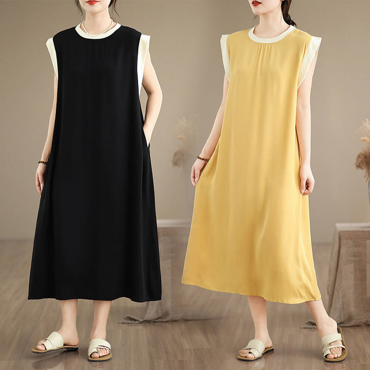 Robe mi-longue fendue sans manches en coton avec poches et motif Buddha Stones - image 37