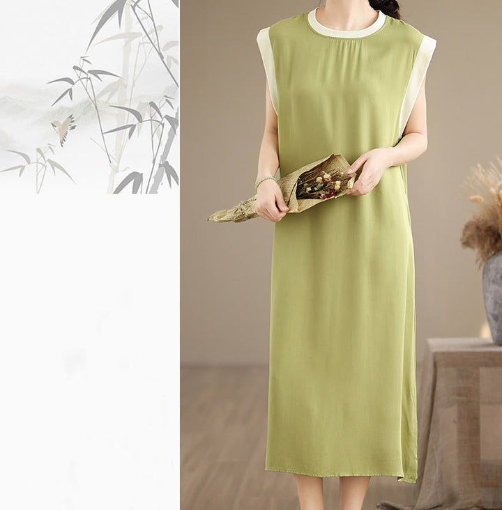Robe mi-longue fendue sans manches en coton avec poches et motif Buddha Stones - image 17