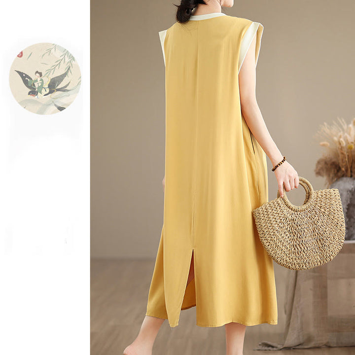 Robe mi-longue fendue sans manches en coton avec poches et motif Buddha Stones - image 37