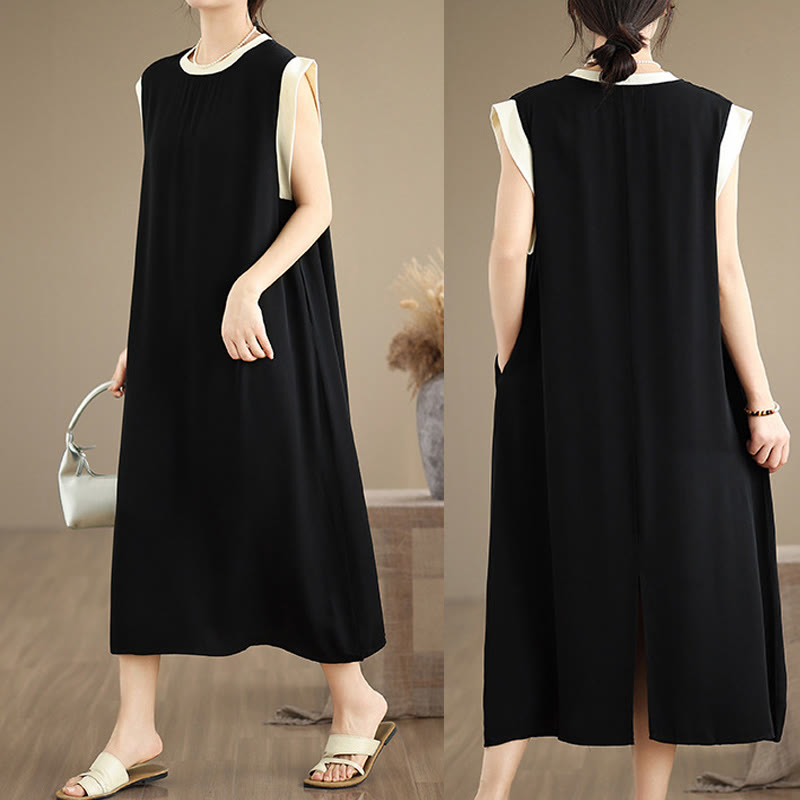 Robe mi-longue fendue sans manches en coton avec poches et motif Buddha Stones - image 3