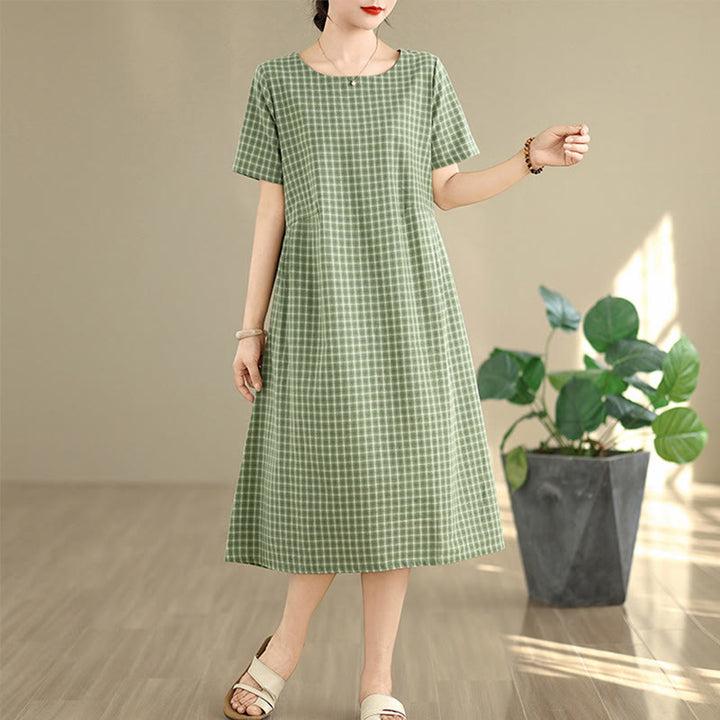 Robe mi-longue à carreaux style bohème avec Buddha Stones et poches, en coton et lin, à manches courtes et design simple