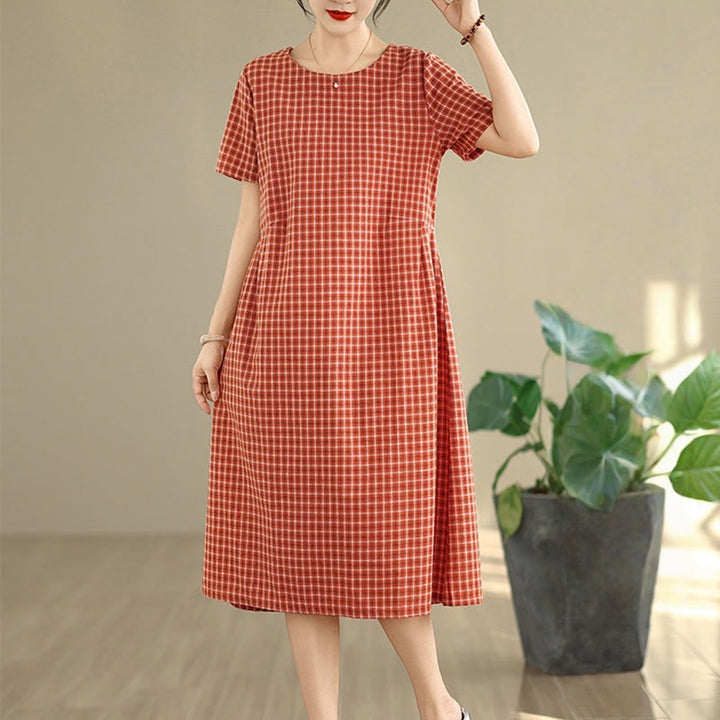 Robe mi-longue à carreaux style bohème avec Buddha Stones et poches, en coton et lin, à manches courtes et design simple
