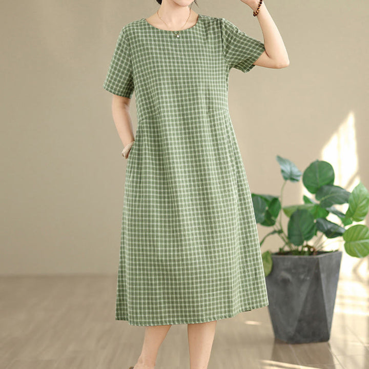 Robe mi-longue à carreaux style bohème avec Buddha Stones et poches, en coton et lin, à manches courtes et design simple