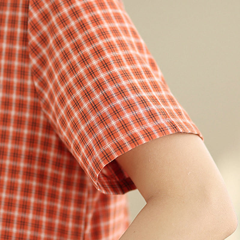 Robe mi-longue à carreaux style bohème avec Buddha Stones et poches, en coton et lin, à manches courtes et design simple - image 8