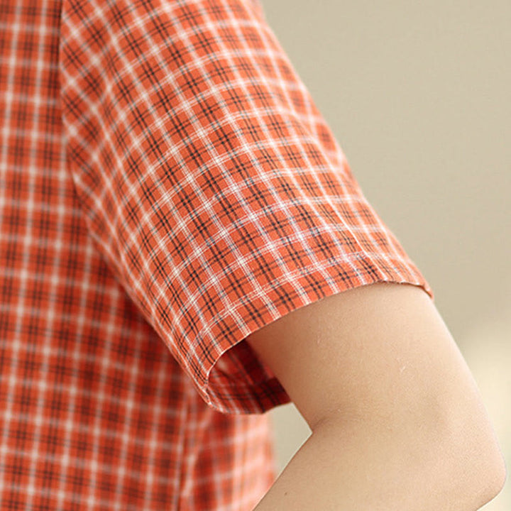 Robe mi-longue à carreaux style bohème avec Buddha Stones et poches, en coton et lin, à manches courtes et design simple - image 8