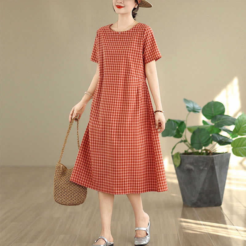 Robe mi-longue à carreaux style bohème avec Buddha Stones et poches, en coton et lin, à manches courtes et design simple