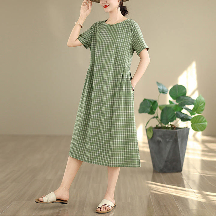 Robe mi-longue à carreaux style bohème avec Buddha Stones et poches, en coton et lin, à manches courtes et design simple