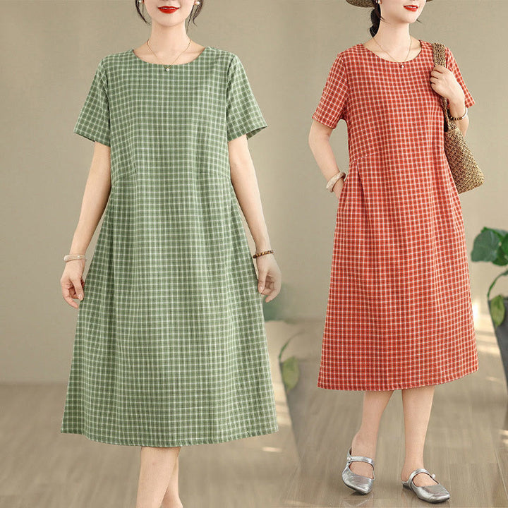 Robe mi-longue à carreaux style bohème avec Buddha Stones et poches, en coton et lin, à manches courtes et design simple