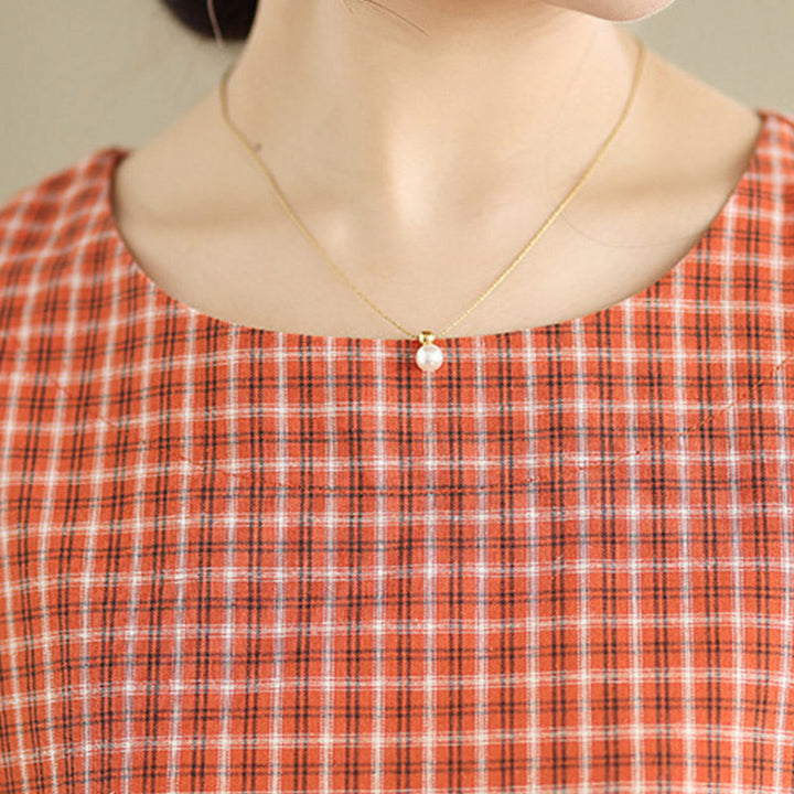 Robe mi-longue à carreaux style bohème avec Buddha Stones et poches, en coton et lin, à manches courtes et design simple - image 7