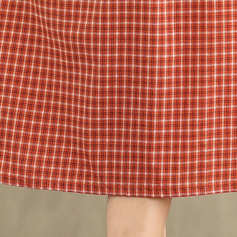 Robe mi-longue à carreaux style bohème avec Buddha Stones et poches, en coton et lin, à manches courtes et design simple - image 11