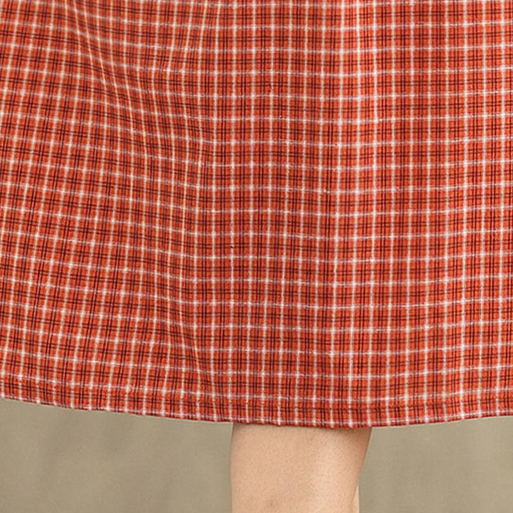 Robe mi-longue à carreaux style bohème avec Buddha Stones et poches, en coton et lin, à manches courtes et design simple - image 11