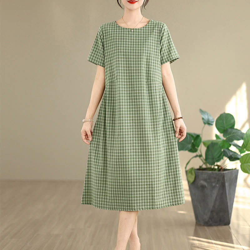 Robe mi-longue à carreaux style bohème avec Buddha Stones et poches, en coton et lin, à manches courtes et design simple