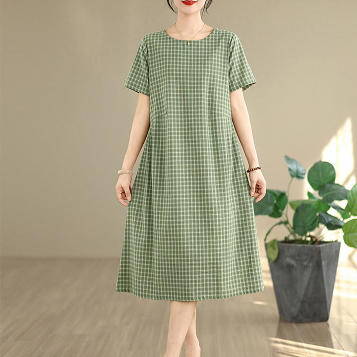 Robe mi-longue à carreaux style bohème avec Buddha Stones et poches, en coton et lin, à manches courtes et design simple