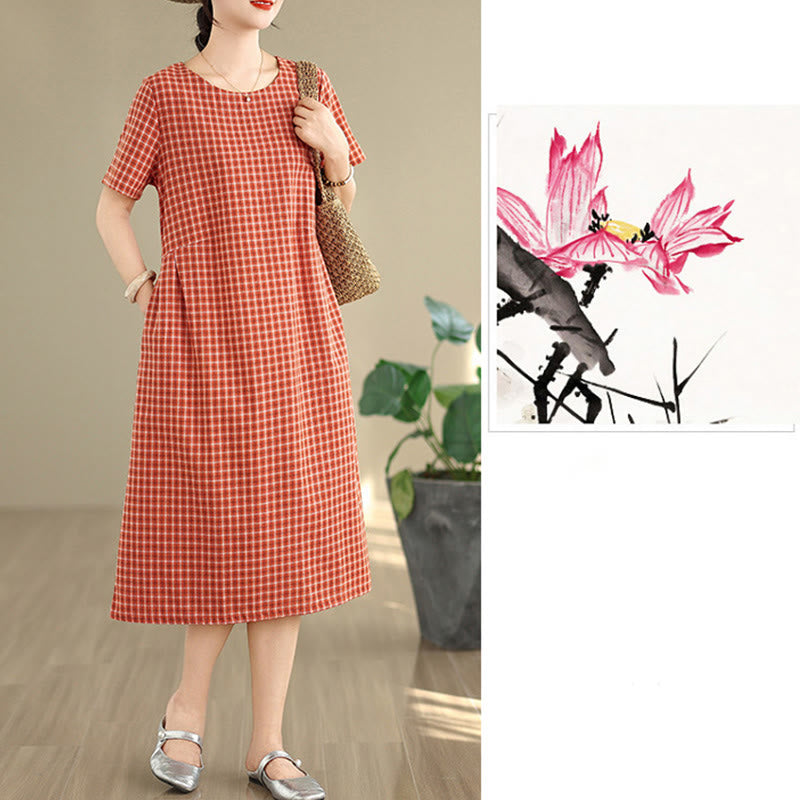 Robe mi-longue à carreaux style bohème avec Buddha Stones et poches, en coton et lin, à manches courtes et design simple