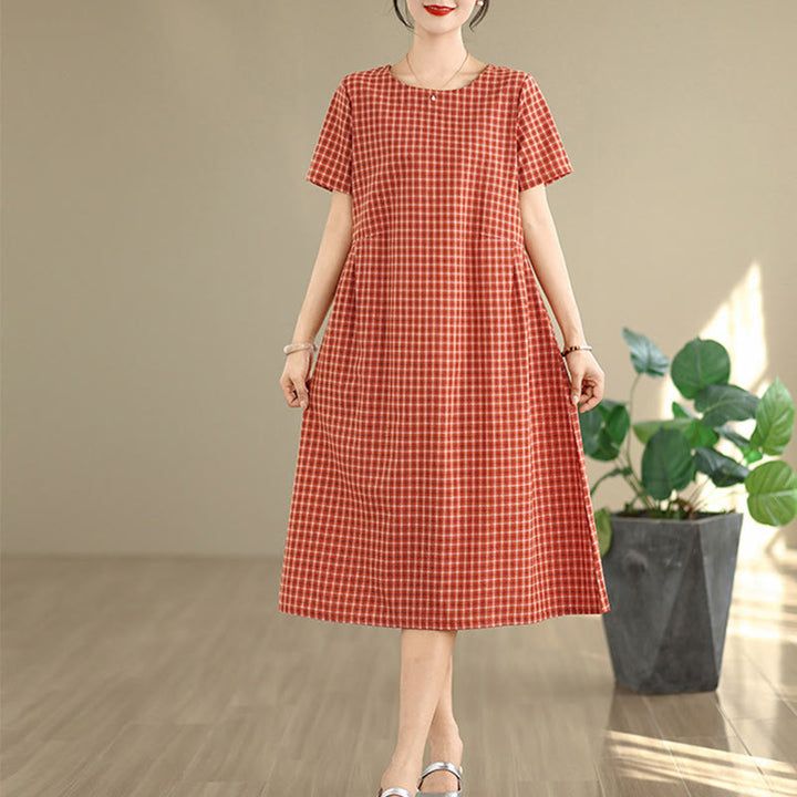 Robe mi-longue à carreaux style bohème avec Buddha Stones et poches, en coton et lin, à manches courtes et design simple