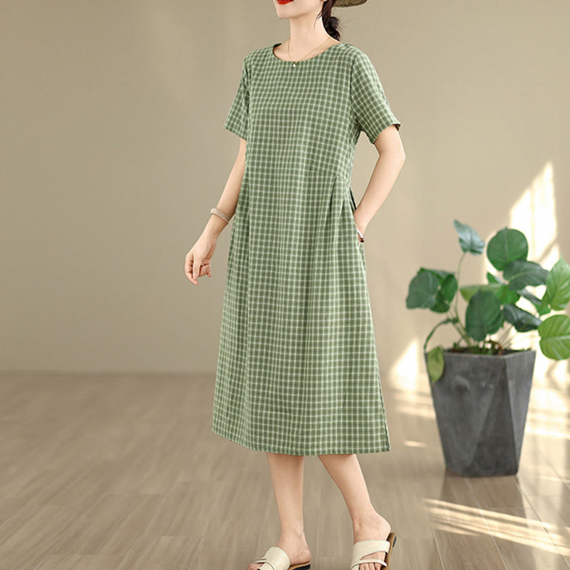 Robe mi-longue à carreaux style bohème avec Buddha Stones et poches, en coton et lin, à manches courtes et design simple