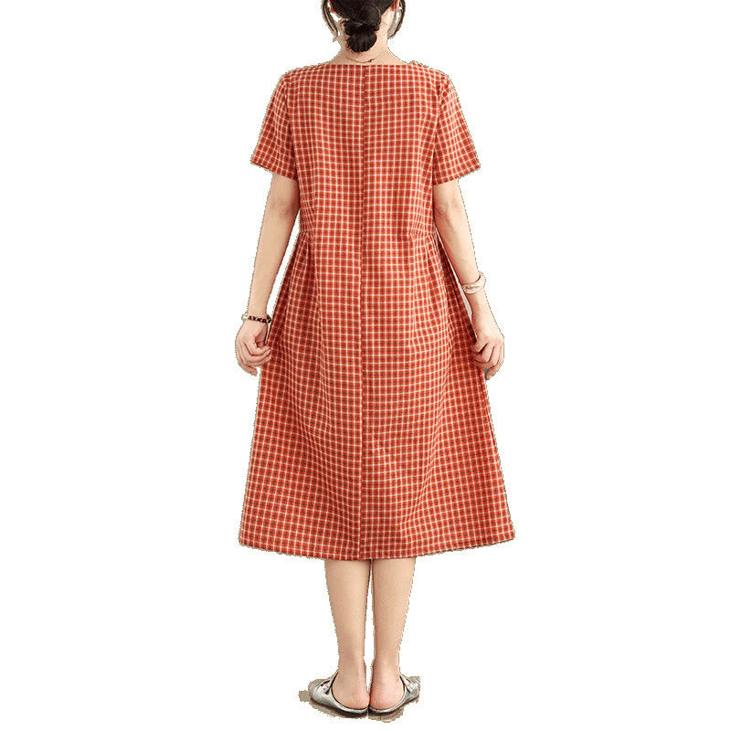 Robe mi-longue à carreaux style bohème avec Buddha Stones et poches, en coton et lin, à manches courtes et design simple