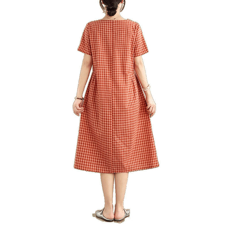 Robe mi-longue à carreaux style bohème avec Buddha Stones et poches, en coton et lin, à manches courtes et design simple
