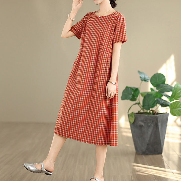 Robe mi-longue à carreaux style bohème avec Buddha Stones et poches, en coton et lin, à manches courtes et design simple