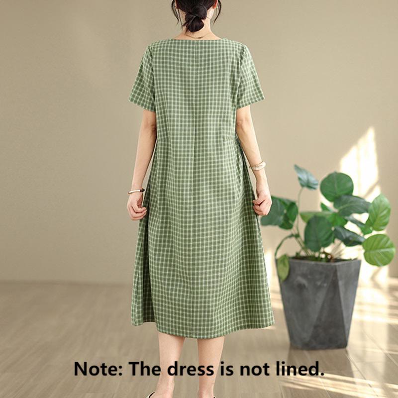 Robe mi-longue à carreaux style bohème avec Buddha Stones et poches, en coton et lin, à manches courtes et design simple