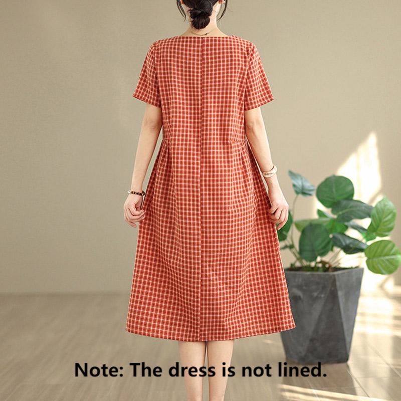 Robe mi-longue à carreaux style bohème avec Buddha Stones et poches, en coton et lin, à manches courtes et design simple