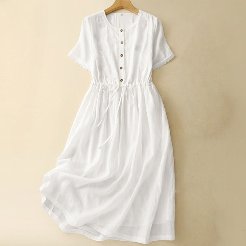 Robe mi-longue plissée à manches courtes et volants en coton et lin avec broderie Buddha Stones Commute - Blanc - US8-10，UK/AU12-14，EU40-42 (2XL) - image 0