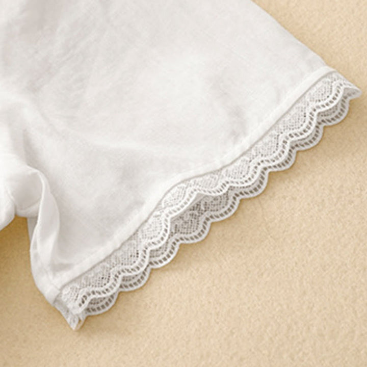 Robe mi-longue plissée à manches courtes et volants en coton et lin avec broderie Buddha Stones Commute - image 7