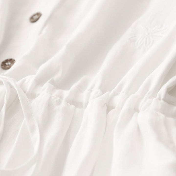 Robe mi-longue plissée à manches courtes et volants en coton et lin avec broderie Buddha Stones Commute - image 5