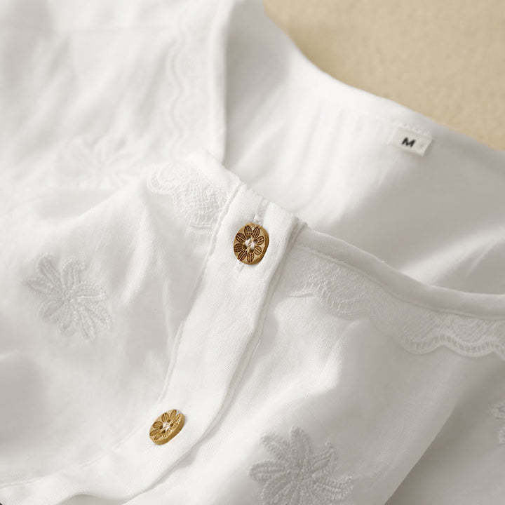 Robe mi-longue plissée à manches courtes et volants en coton et lin avec broderie Buddha Stones Commute - image 4