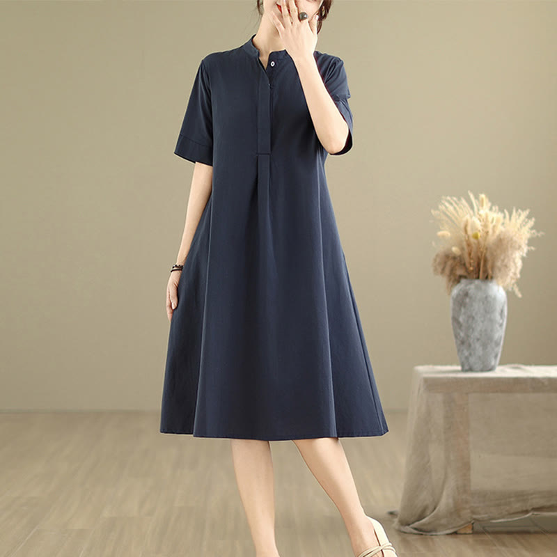 Robe mi-longue en coton à manches mi-longues et poches, motif à carreaux Buddha Stones Commute - Bleu nuit - US8-10，UK/AU12-14，EU40-42 (2XL) - image 0