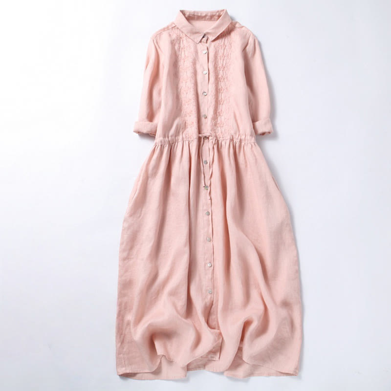Robe mi-longue en coton et lin à manches longues avec poches et broderies vintage, boutons et cordon de serrage - Rose clair - US8-10，UK/AU12-14，EU40-42 (2XL) - image 0