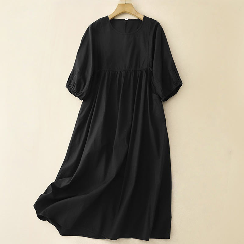 Robe mi-longue vintage à lacets et manches bouffantes trois-quarts en coton et lin avec poches - Noir - US12，UK/AU16，EU44 (2XL) - image 7