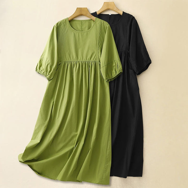 Robe mi-longue vintage à lacets et manches bouffantes trois-quarts en coton et lin avec poches - image 9