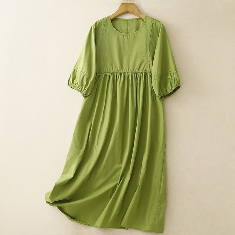 Robe mi-longue vintage à lacets et manches bouffantes trois-quarts en coton et lin avec poches - JauneVert - US12，UK/AU16，EU44 (2XL) - image 0