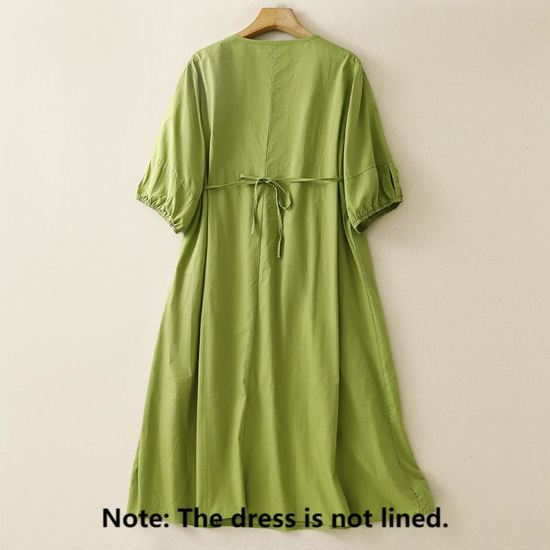 Robe mi-longue vintage à lacets et manches bouffantes trois-quarts en coton et lin avec poches - image 1