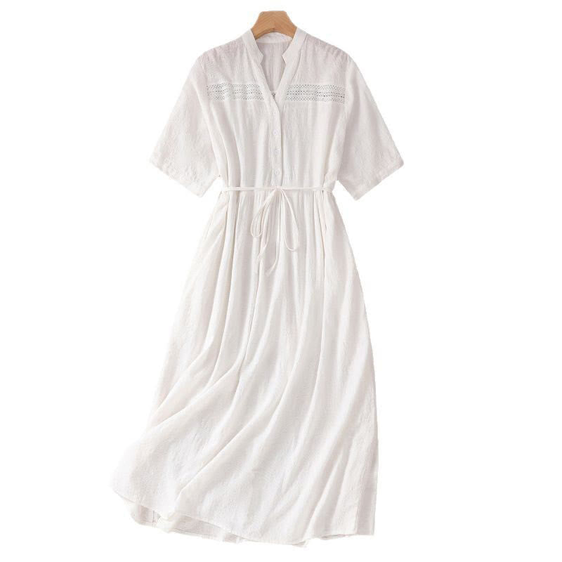 Robe mi-longue d'été en coton à manches courtes et poches, motif jacquard ajouré et uni, motif Buddha Stones - image 8