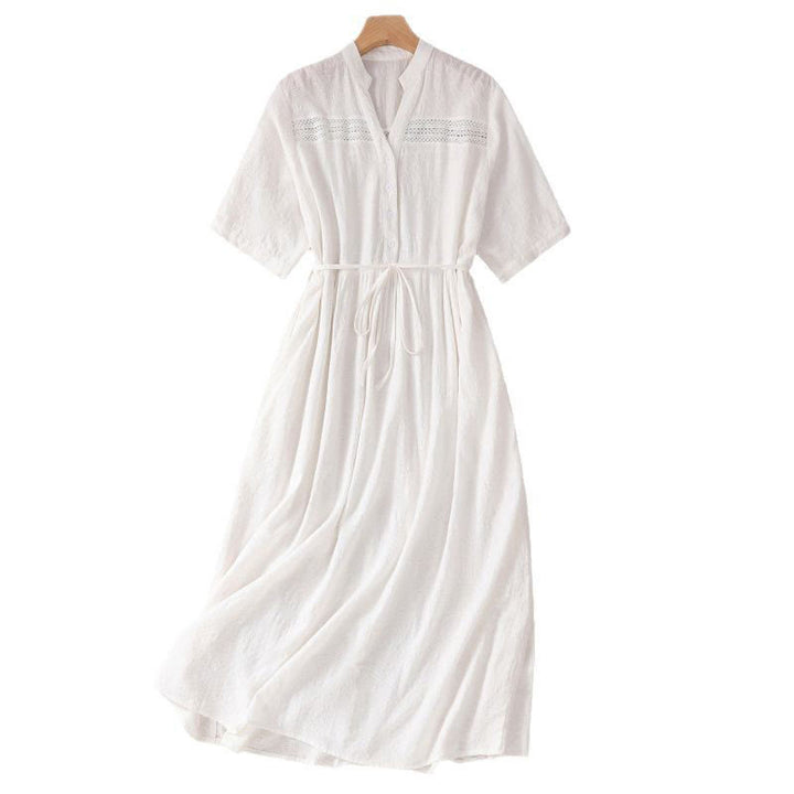 Robe mi-longue d'été en coton à manches courtes et poches, motif jacquard ajouré et uni, motif Buddha Stones - image 8