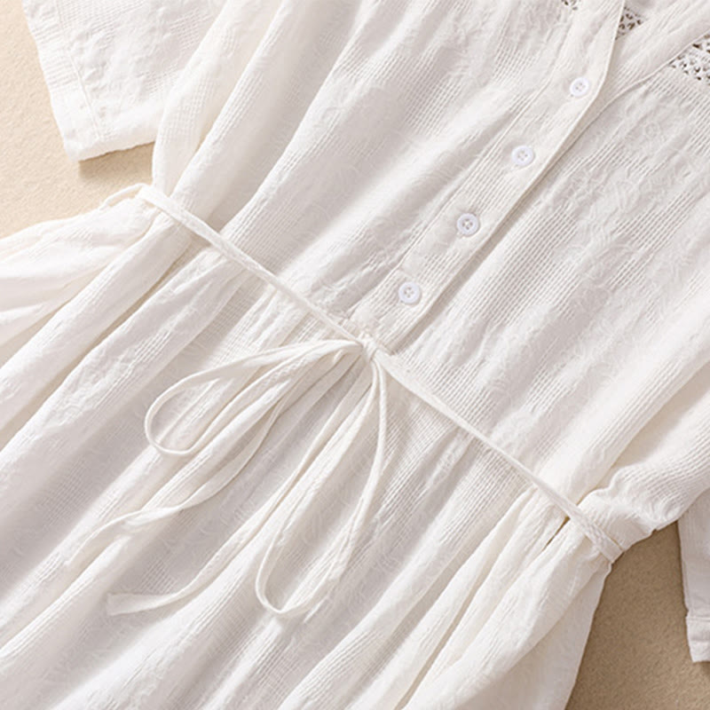 Robe mi-longue d'été en coton à manches courtes et poches, motif jacquard ajouré et uni, motif Buddha Stones - image 5