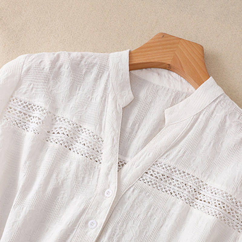 Robe mi-longue d'été en coton à manches courtes et poches, motif jacquard ajouré et uni, motif Buddha Stones - image 2