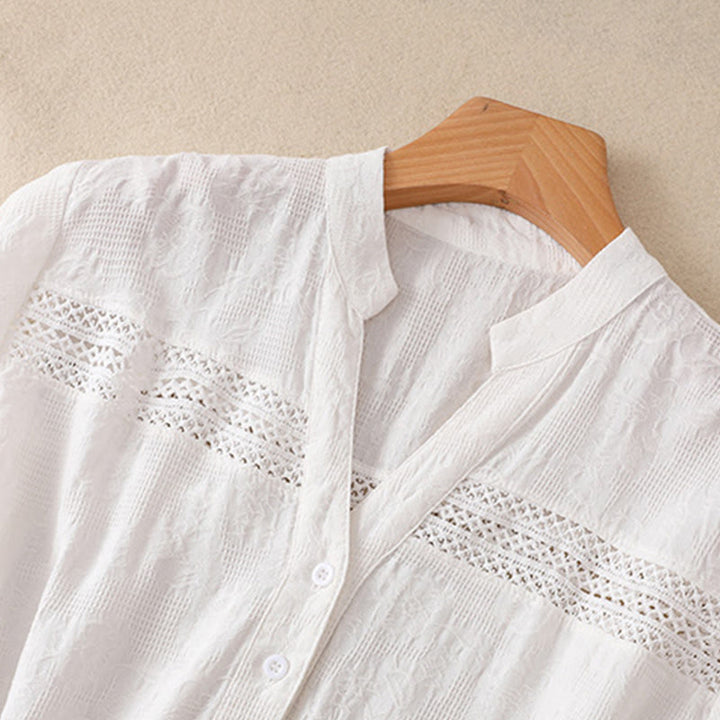 Robe mi-longue d'été en coton à manches courtes et poches, motif jacquard ajouré et uni, motif Buddha Stones - image 2