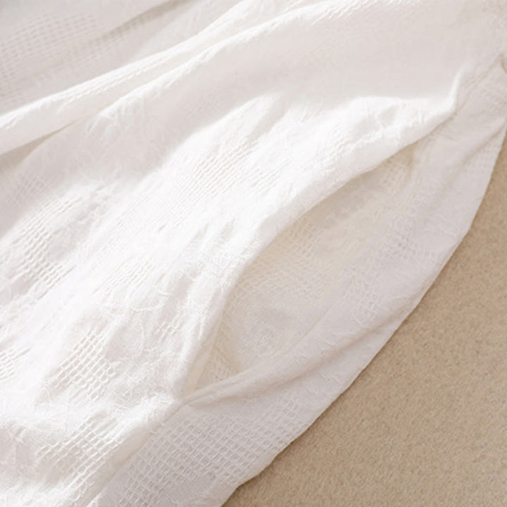 Robe mi-longue d'été en coton à manches courtes et poches, motif jacquard ajouré et uni, motif Buddha Stones - image 4