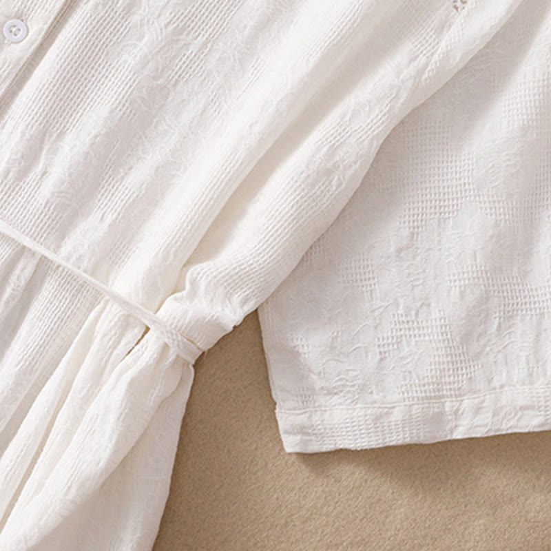 Robe mi-longue d'été en coton à manches courtes et poches, motif jacquard ajouré et uni, motif Buddha Stones - image 3