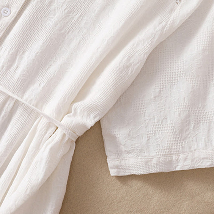 Robe mi-longue d'été en coton à manches courtes et poches, motif jacquard ajouré et uni, motif Buddha Stones - image 3