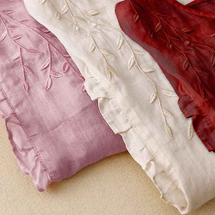 Chemise décontractée à manches mi-longues et col en V pour femme avec broderies de feuilles de saule et Buddha Stones - image 7