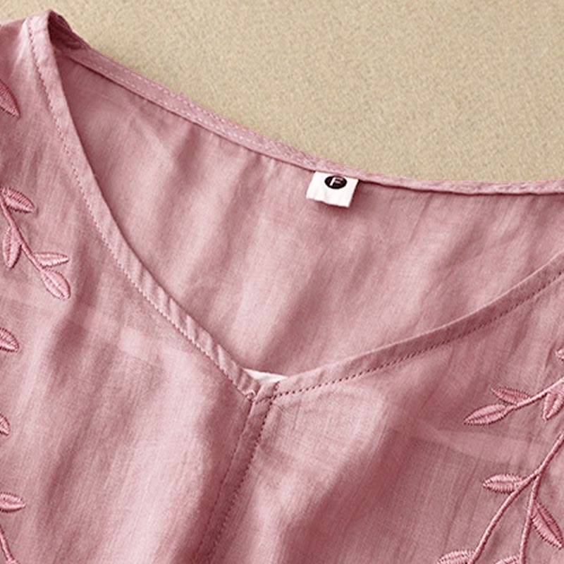 Chemise décontractée à manches mi-longues et col en V pour femme avec broderies de feuilles de saule et Buddha Stones - image 2