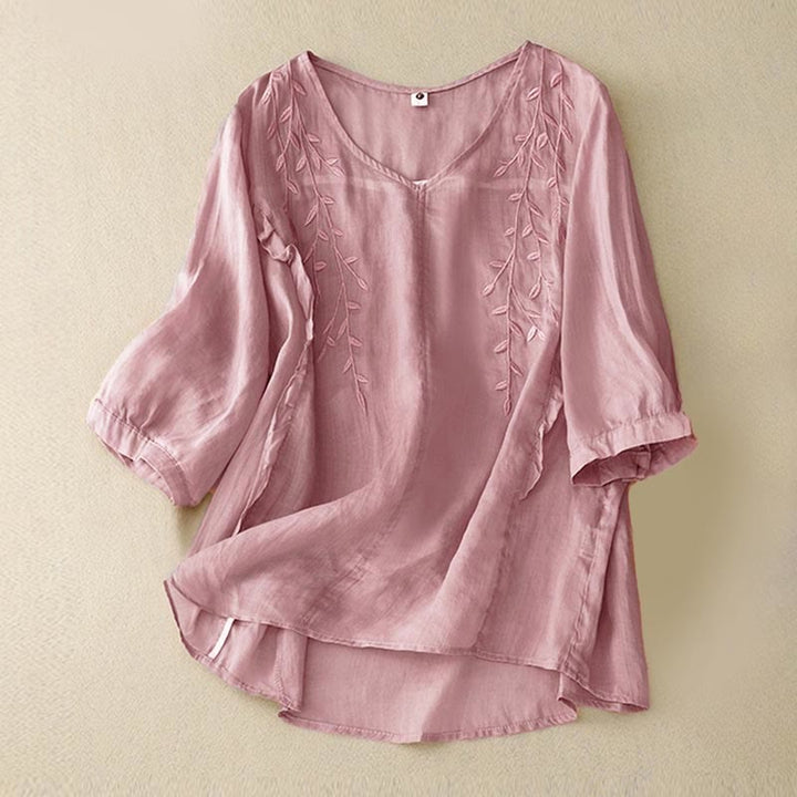 Chemise décontractée à manches mi-longues et col en V pour femme avec broderies de feuilles de saule et Buddha Stones - RosyBrown - US8-10，UK/AU12-14，EU40-42 (2XL) - image 0