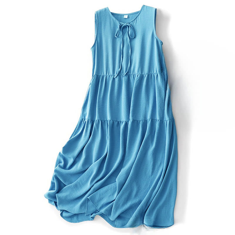 Robe midi décontractée en coton et lin, à lacets, faite à la main, avec poches - SteelBlue - US8-10，UK/AU12-14，EU40-42 (2XL) - image 0