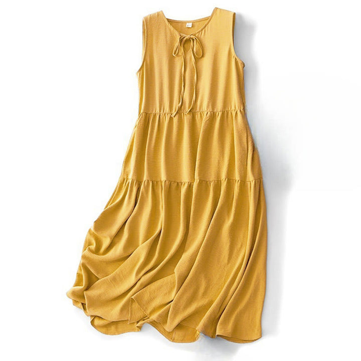 Robe midi décontractée en coton et lin, à lacets, faite à la main, avec poches - Verge d'or - US8-10，UK/AU12-14，EU40-42 (2XL) - image 11