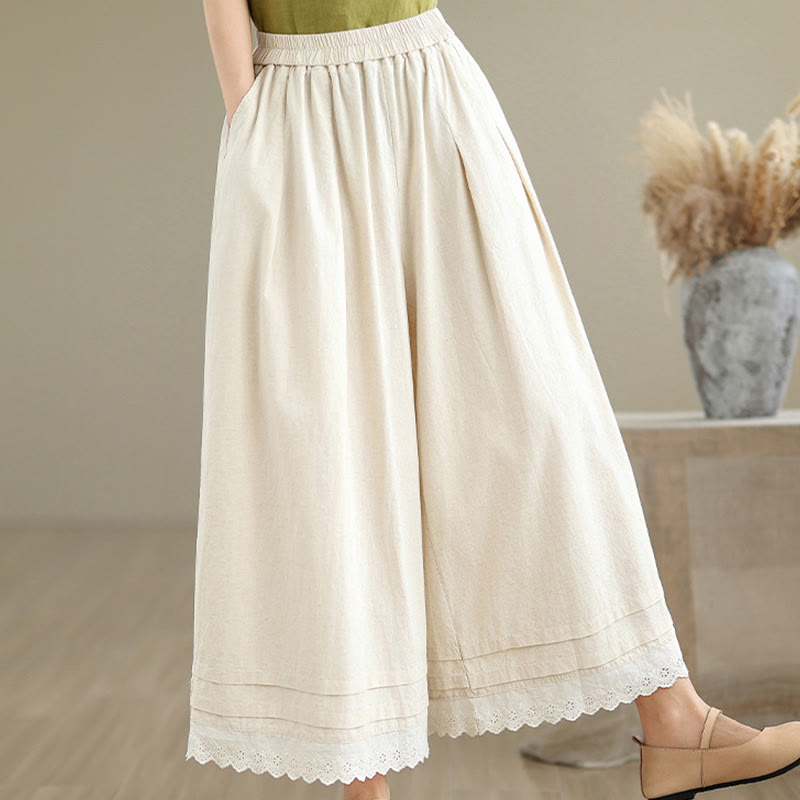 Pantalon en coton à jambes larges pour femme, longueur 7-8, motif dentelle simple, avec poches, Buddha Stones Commute - image 6