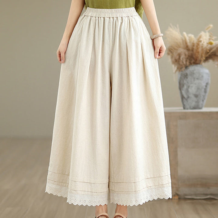 Pantalon en coton à jambes larges pour femme, longueur 7-8, motif dentelle simple, avec poches, Buddha Stones Commute - image 3